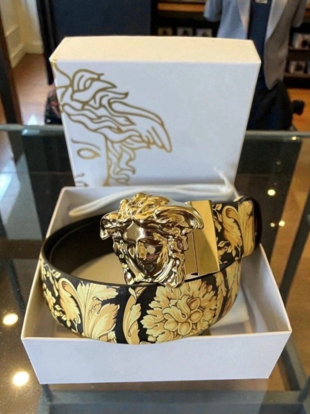Versace Medusa Barocco Black Gold Reversible Leather Belt 95/38 New W/ Box